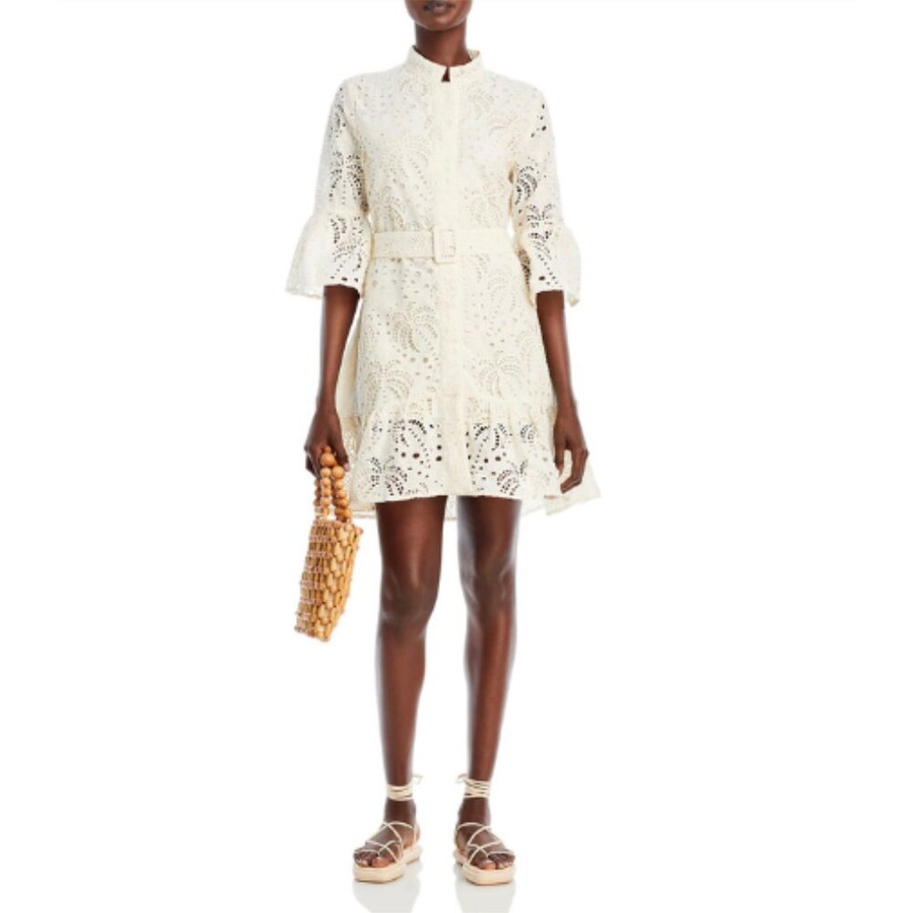 Farm Rio White Eyelet Belted Mini Dress White Women's Size XS - Picture 2 of 9